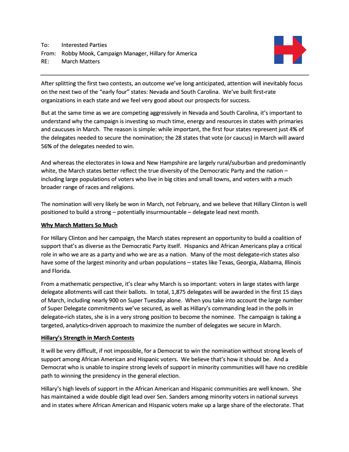 Page 1 of Clinton Memo March strategy