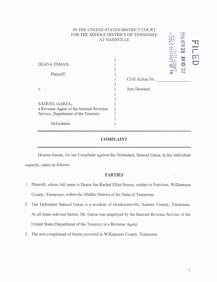 Page 1 of Inman v Garza Complaint