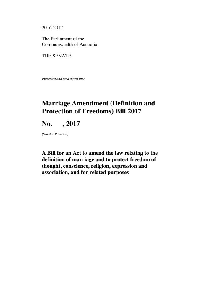 Page 1 of Marriage Amendment Bill introduced by Senator James Paterson
