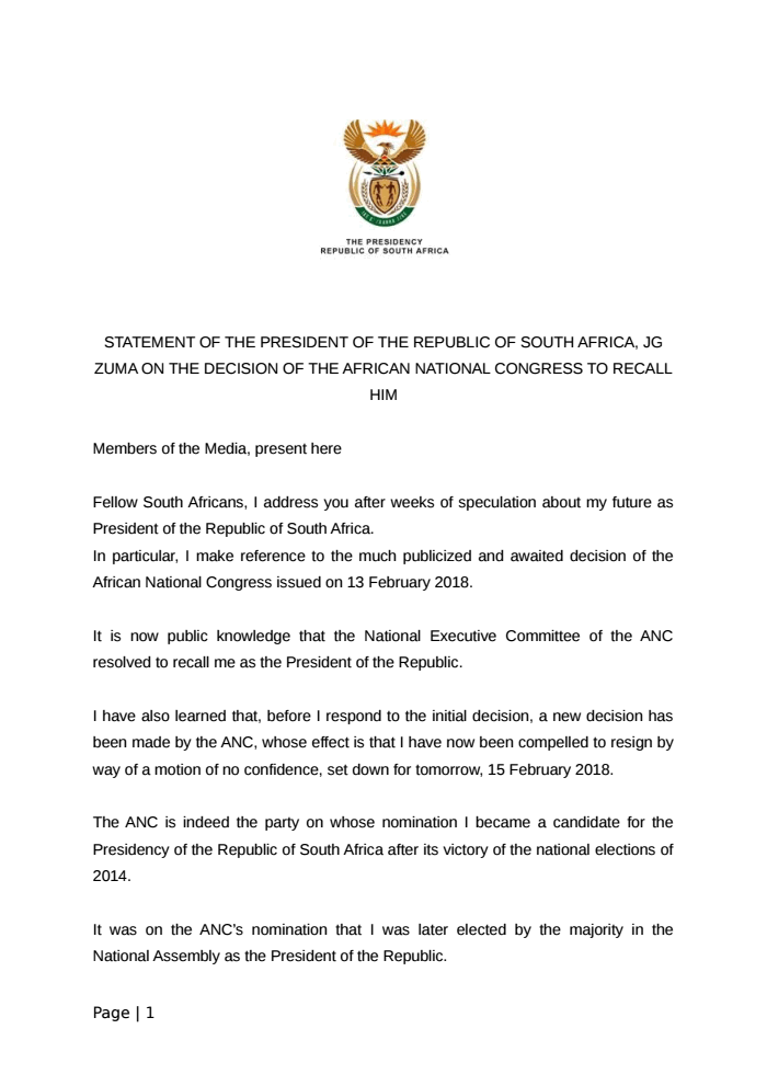 Page 1 of PRESIDENT JG ZUMA's STATEMENT on ANC RECALL