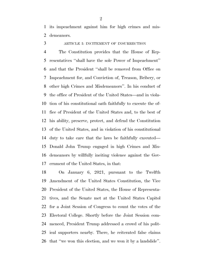Page 2 of Articles of Impeachment - Incitement of Insurrection