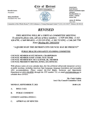 Agenda to 9/27/21 Detroit City Council Public Health and Safety Standing Committee meeting