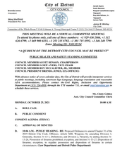 Agenda for the 10/25/21 Detroit city council Public Health and Safety Standing Committee