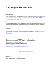 Germantown YWCA TOWN HALL MEETING NOTES AND CHECKLIST