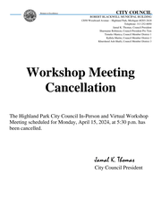 Cancellation Notice - HP City Council Workshop Meeting - 4.15.24