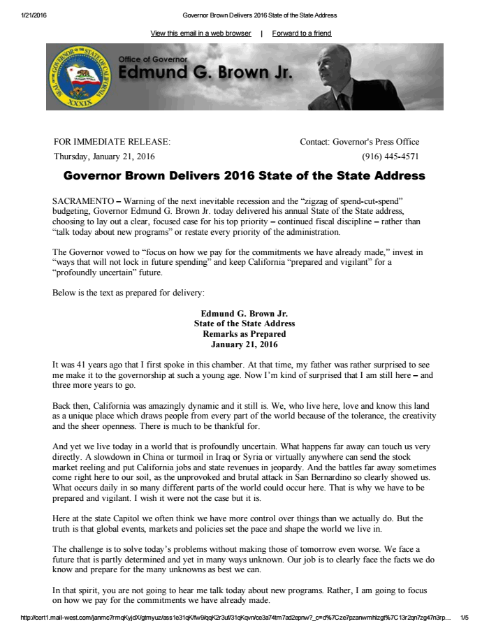 Page 1 of Governor Brown Delivers 2016 State of the State Address