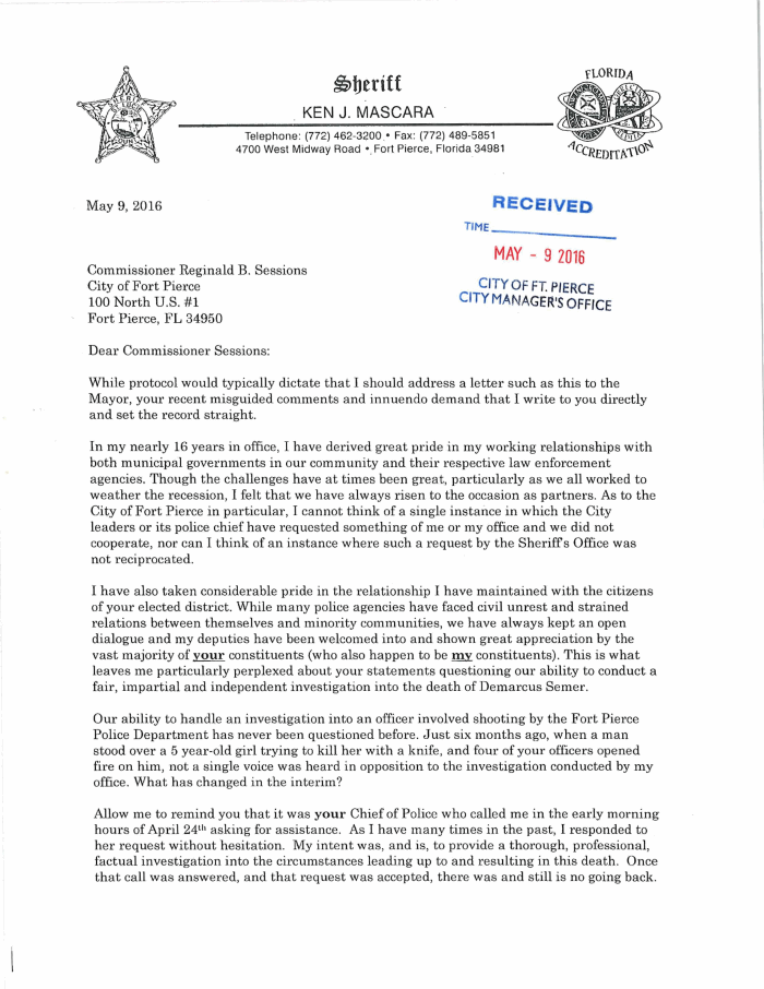 Page 1 of Letter from Sheriff Ken Mascara
