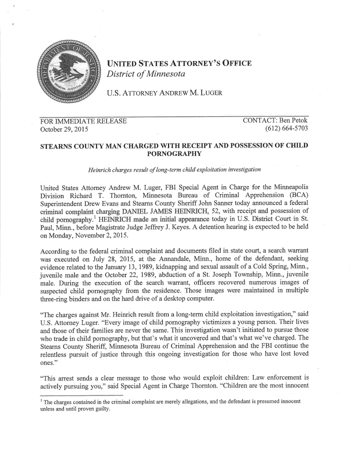 Page 1 of Statement by US Attorney Andrew Luger on Heinrich 10 29 2015