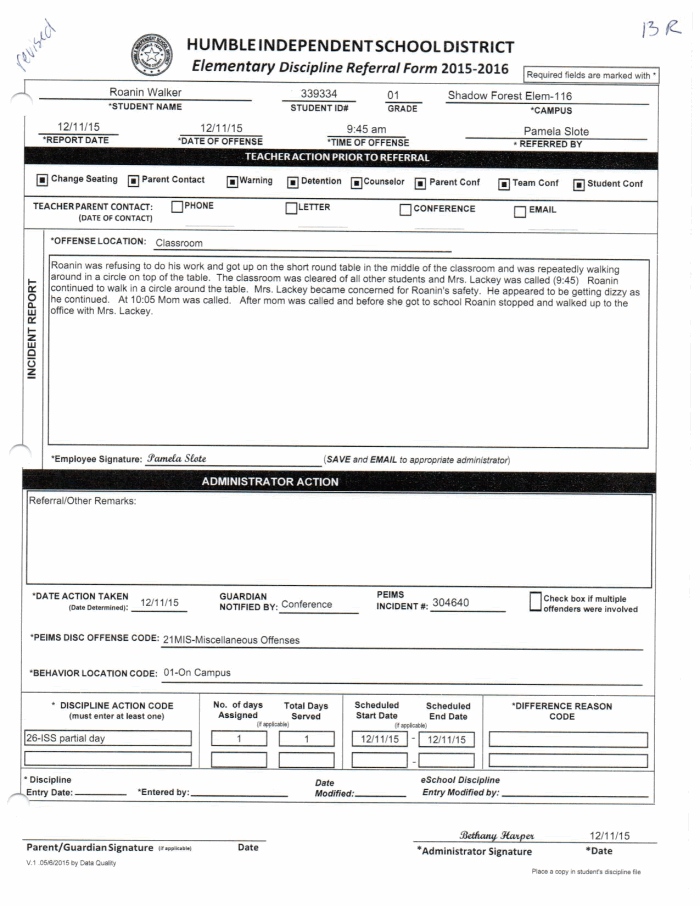 Page 1 of Roanin Walker's suspension forms