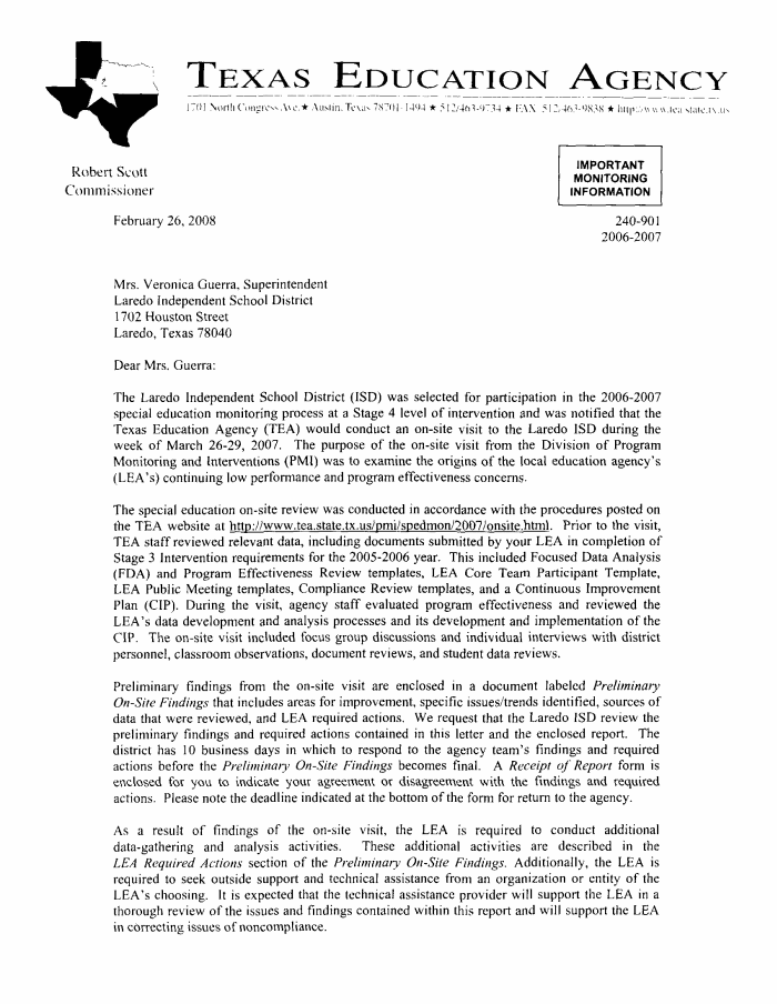 Page 1 of Texas Education Agency letter summarizing visit to Laredo ISD, findings and sanctions