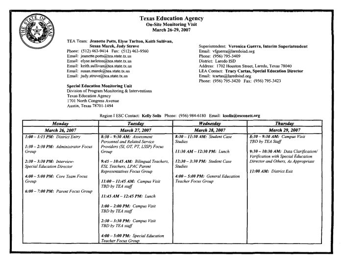 Page 1 of Schedule for the Texas Education Agency’s visit to Laredo ISD