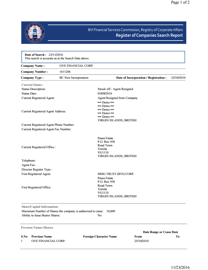 Page 1 of BVI FSC Corporate Registry - Ove Financial