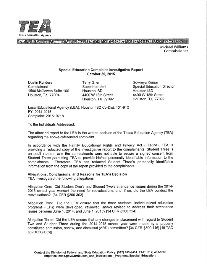 Page 1 of TEA HISD Investigation