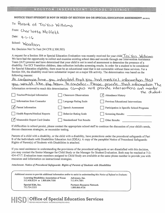 Page 1 of HISD's denial of Laterrica Williams' request to evaluate her son for special ed