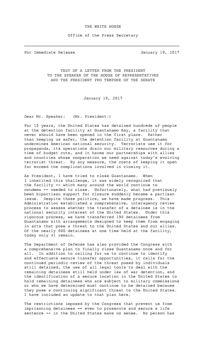 Page 1 of Letter by President Obama on Guantanamo, on his last full day as president