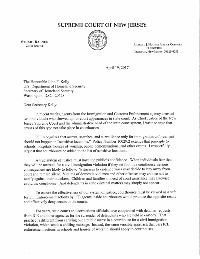Page 1 of Letter from Chief Justice Rabner to Homeland Security head