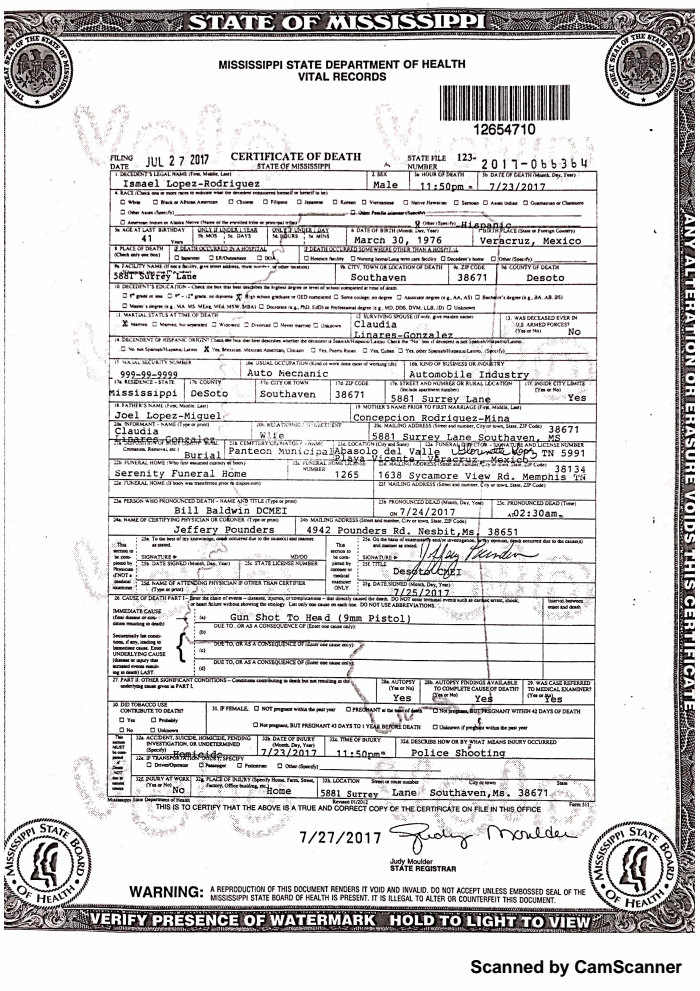 Page 1 of Lopez Death Certificate