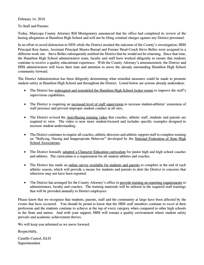 Page 1 of Letter to HHS Parents 02-14-18