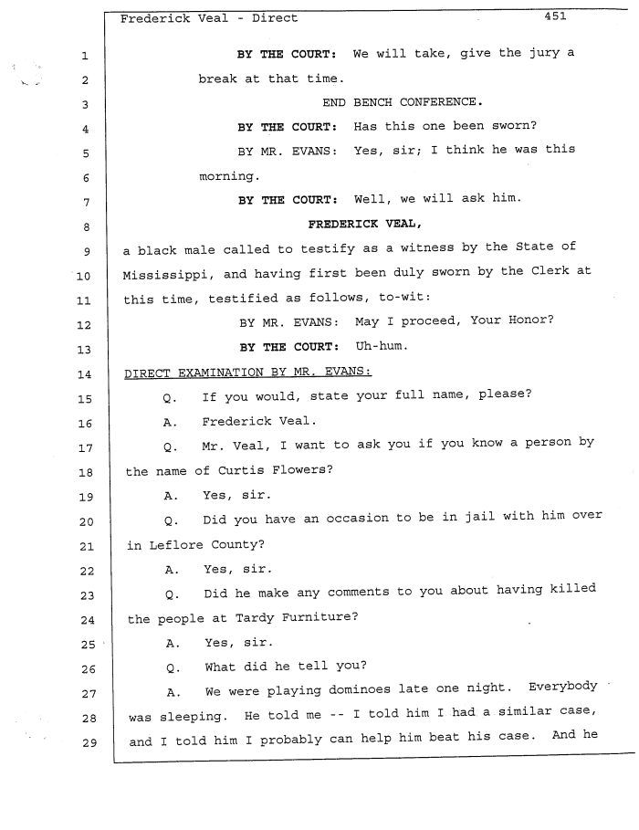 Page 1 of Fredrick Veal testimony from Curtis Flowers Trial 1
