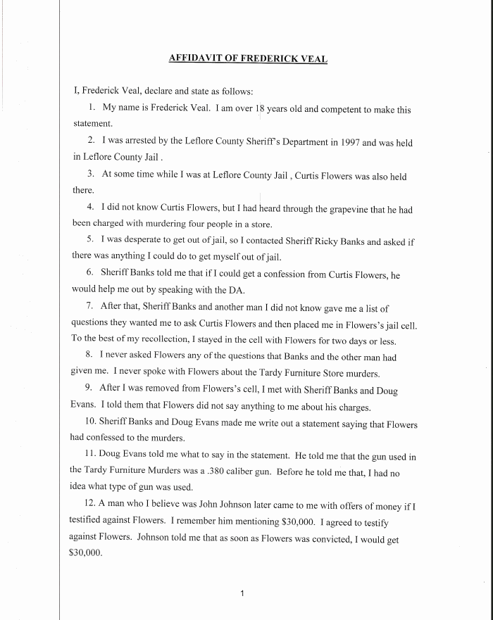 Page 2 of Fredrick Veal post-conviction affidavit