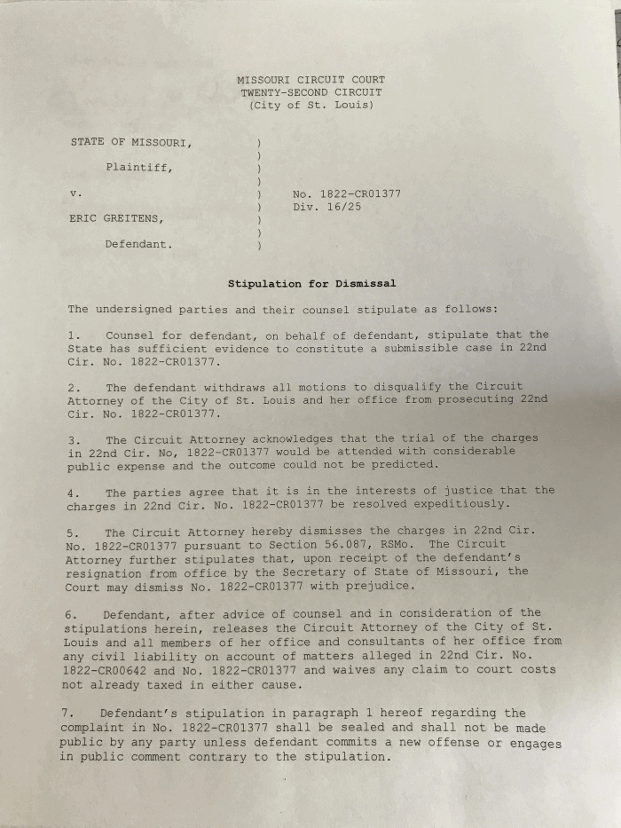 Page 1 of Greitens Stipulation for Dismissal
