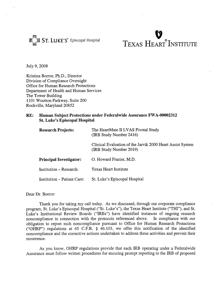 Page 1 of Letter to the Office for Human Research Protections