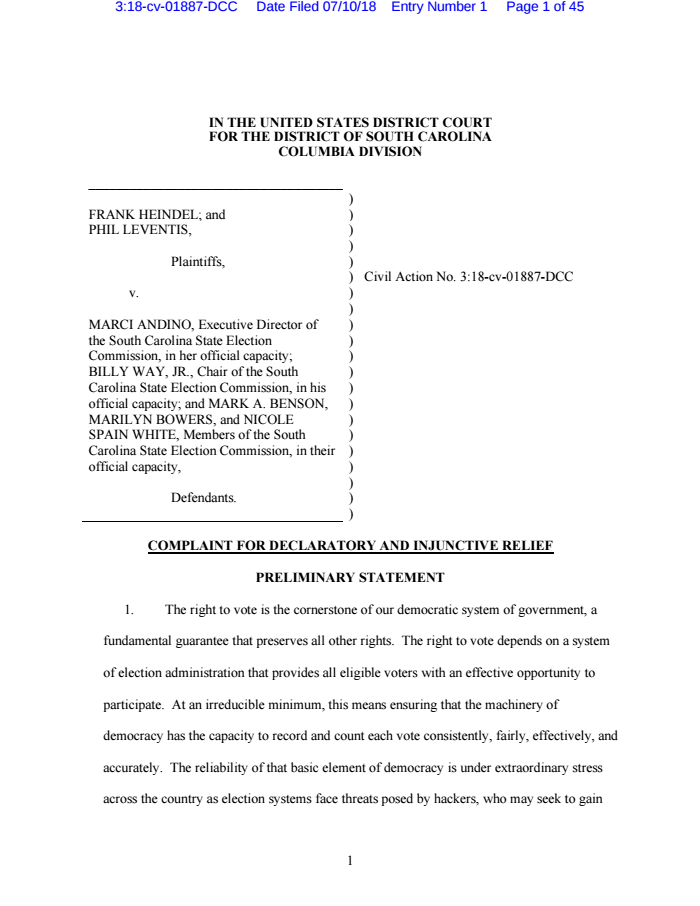 Page 1 of SC Election System Lawsuit Filed 7 10
