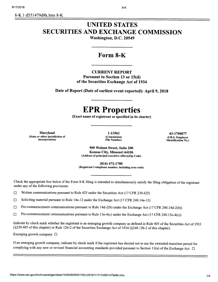 Page 1 of SEC Filing EPR Properties