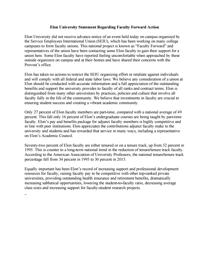 Page 1 of Elon University Statement Regarding Faculty Forward Action