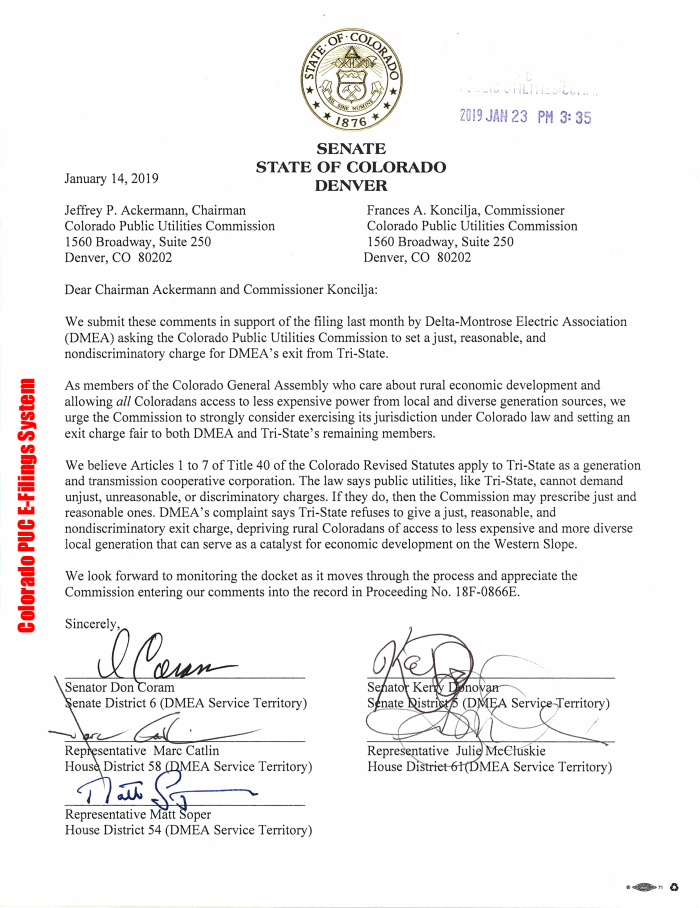 Page 1 of Colorado Legislators Letter to PUC Regarding Tri State Exit Fee