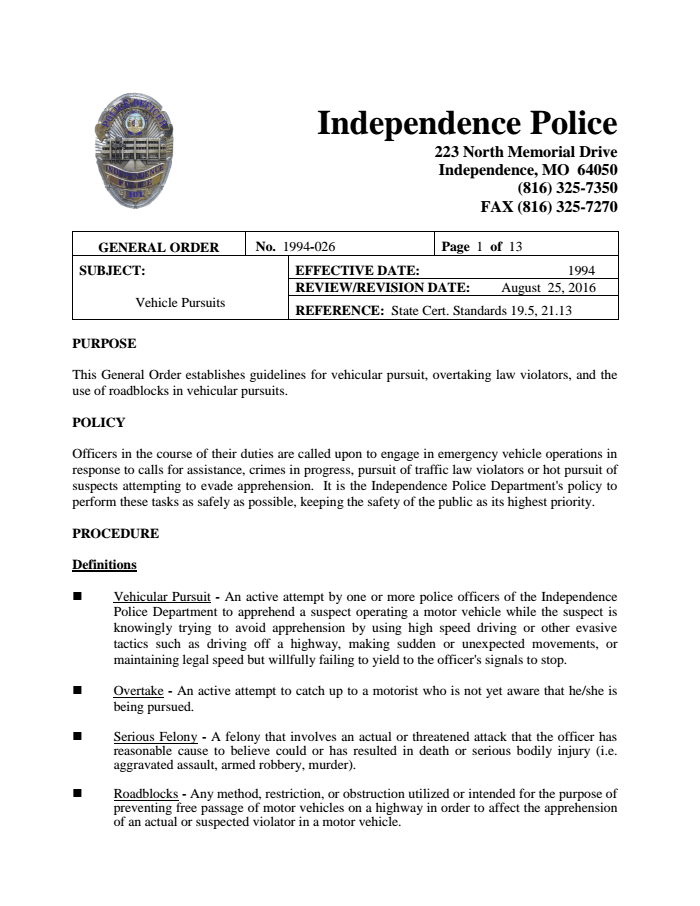 Page 1 of Independence Police Pursuit Policy