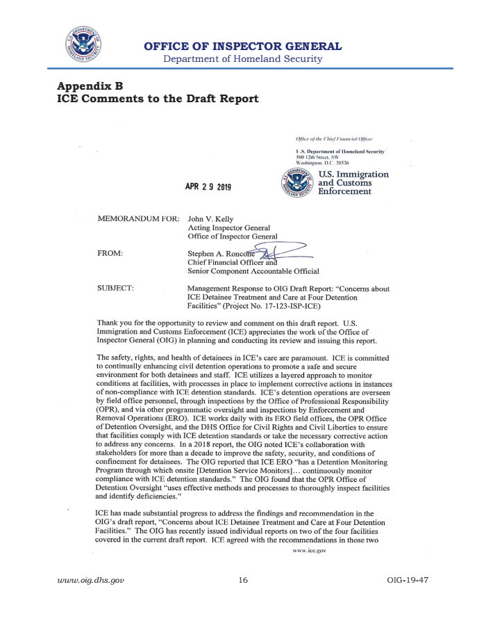 Page 19 of OFFICE OF INSPECTOR GENERAL - Concerns about ICE Detainee Treatment and Care at Four Detention Facilities