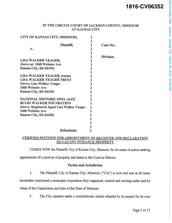 Page 1 of City of KCMO vs. Lisa Walker Yeager