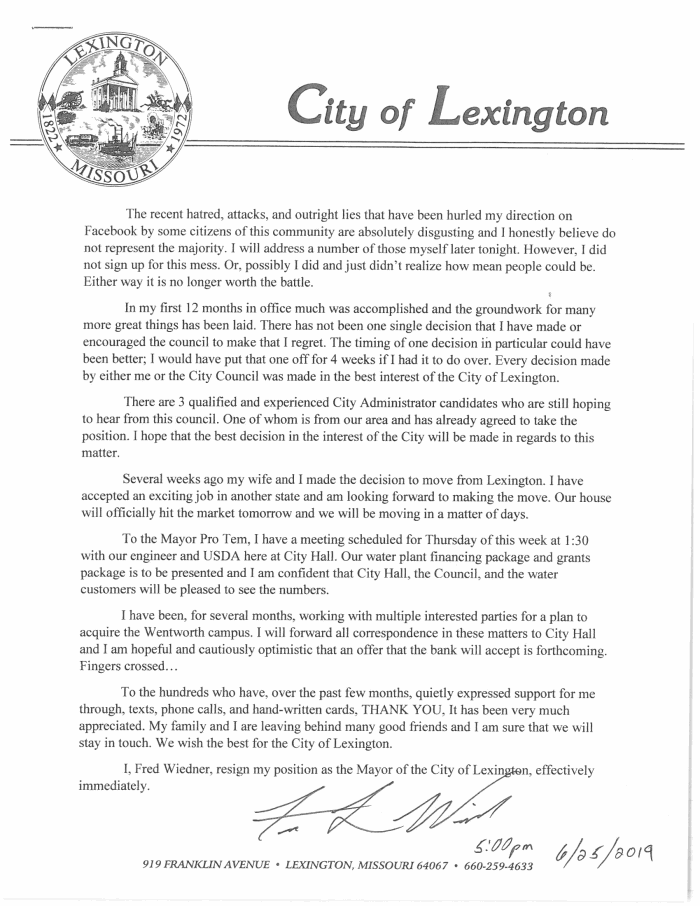 Page 1 of Lexington Mayor Resignation Letter