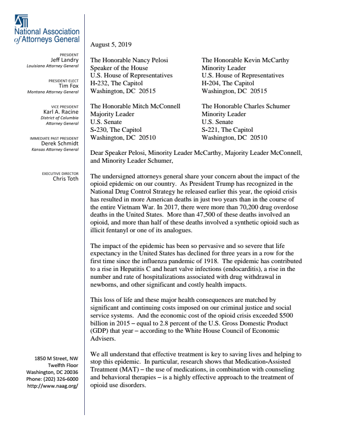 Page 1 of Letter Federal Barriers to Treatment 8 5 2019