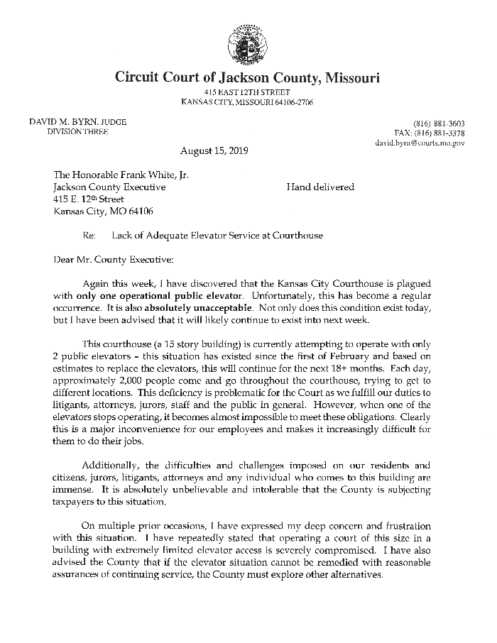 Page 1 of Judge David Byrn's letter to county executive