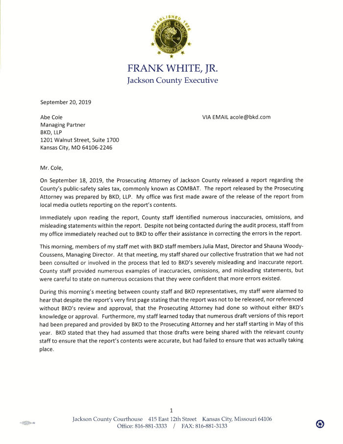 Page 1 of County Executive Frank White&#39;s letter to BKD