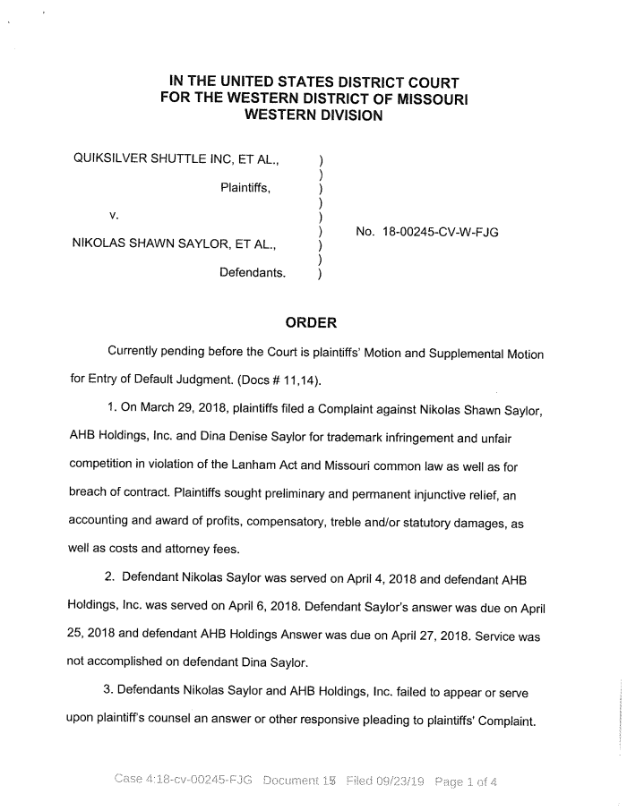 Page 1 of Federal judgment against the Saylors