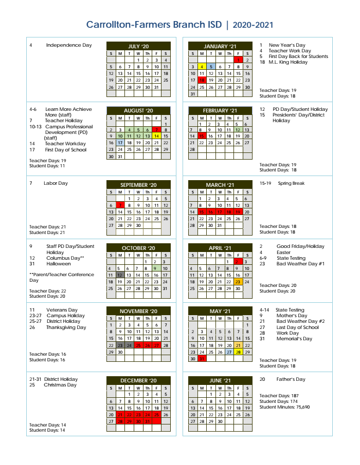 Page 1 of CFBISD 2020 21 Calendar
