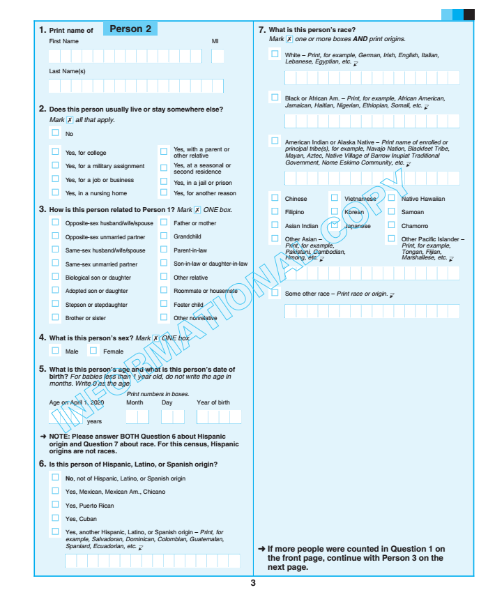 Page 3 of 2020 census informational questionnaire