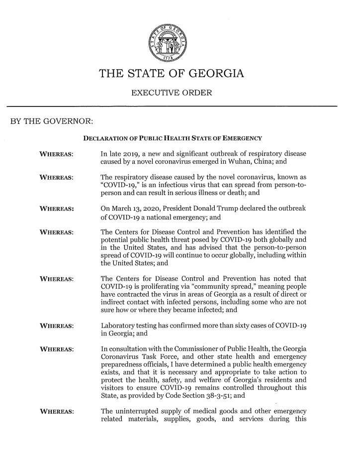 Page 1 of Kemp's executive order