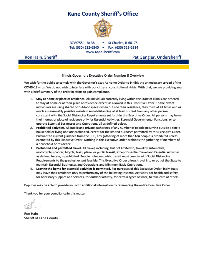 Page 1 of COVID-19 compliance letter from Kane County Sheriff's Office