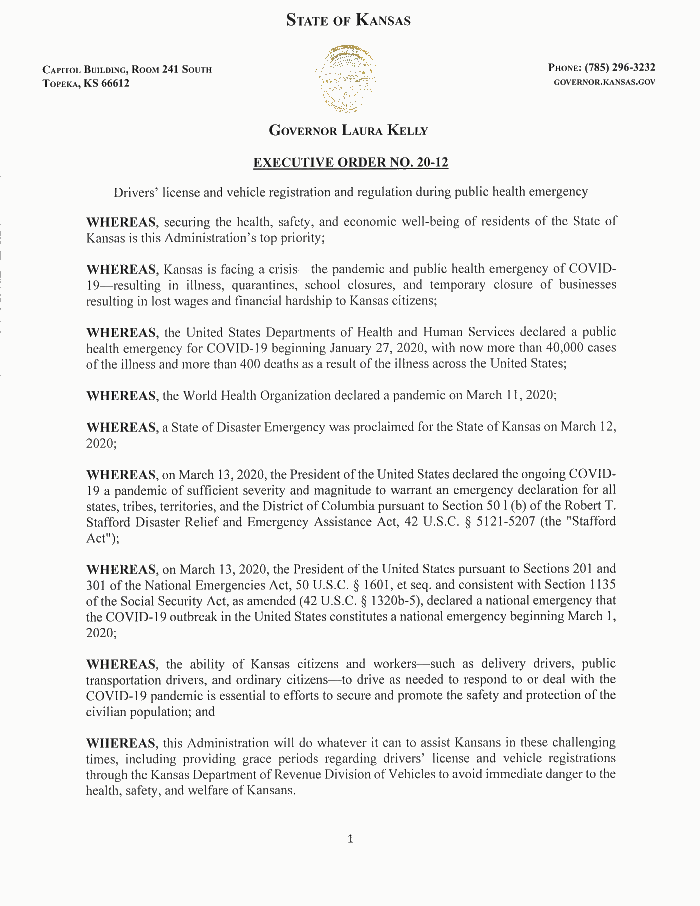 Page 1 of Kansas EO DL Extension