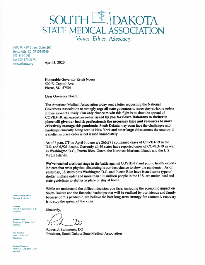 Page 1 of Advocacy Letter Stay at Home Order SDSMA