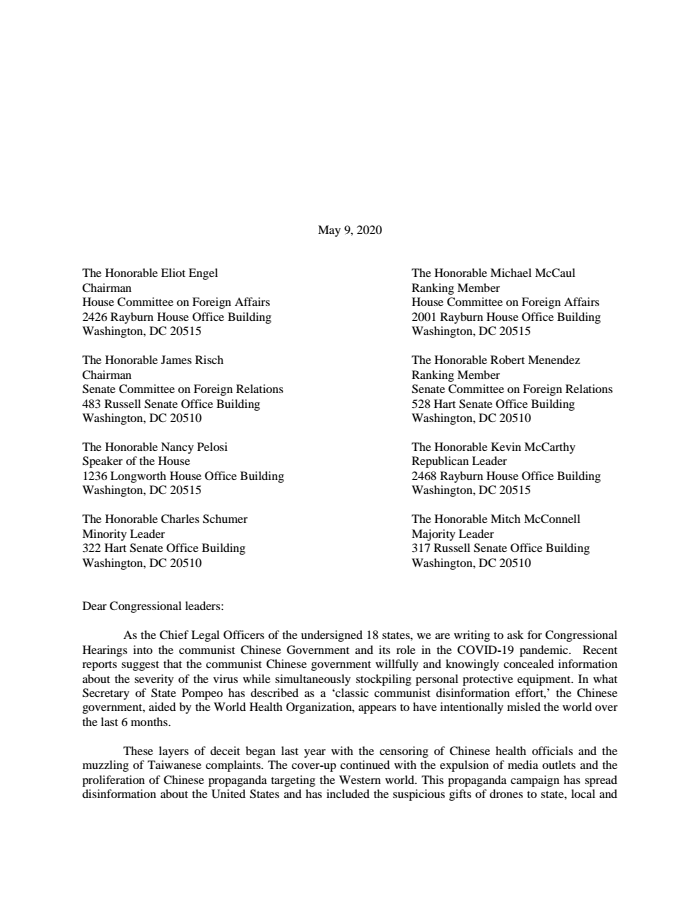 Page 1 of Letter to Congress Hearings on Chinese Government Role in covid19 Pandemic