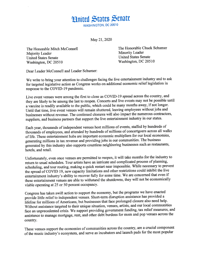 Page 1 of 2020 05 21 Wyden Merkley Letter to Leadership on Live Event Venues Final Updated