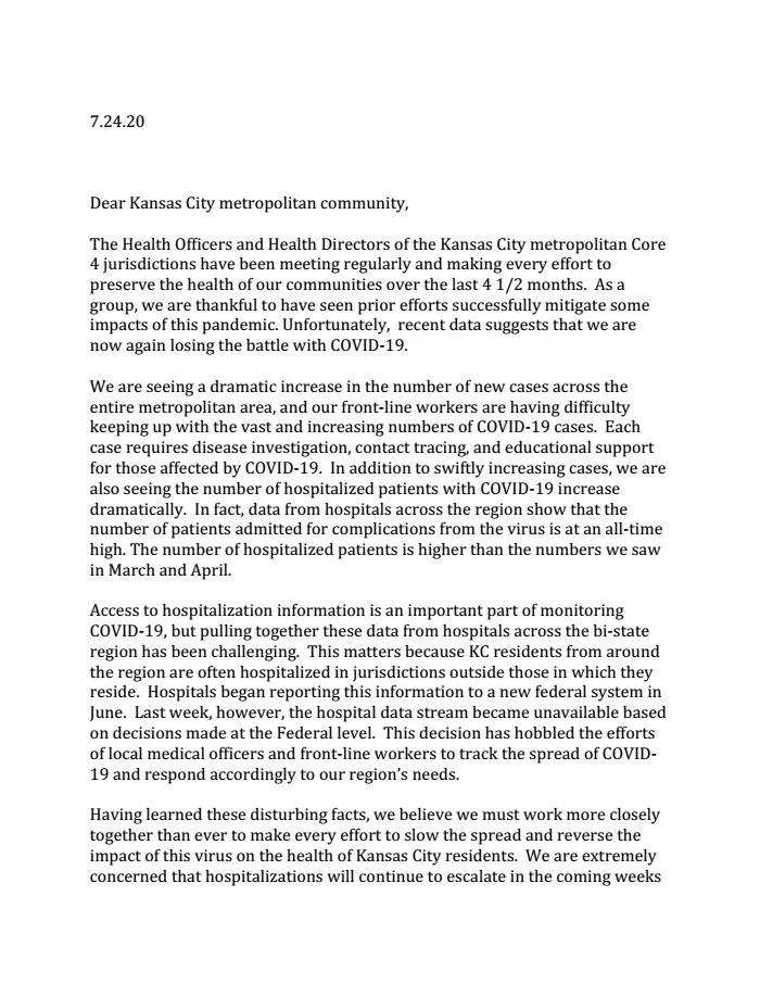 Page 1 of Health leaders' letter to KC community
