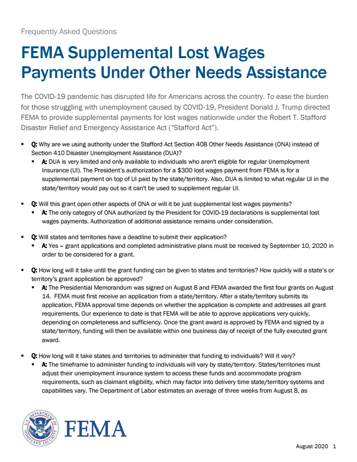 Page 1 of Fema Supplement Lost Wages Payments Under Other Needs Assistance Faq 0