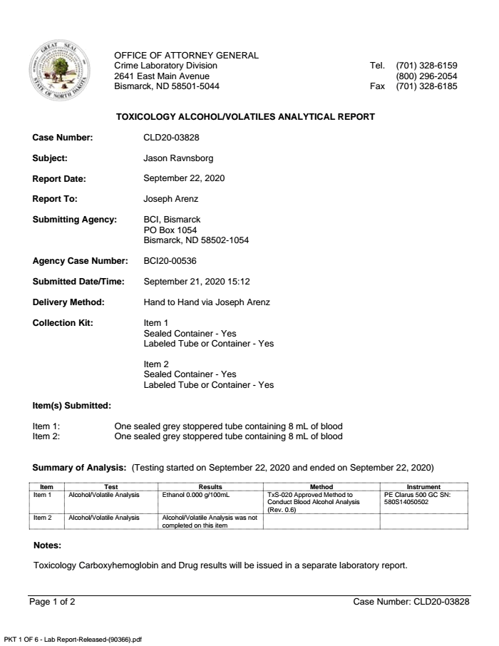 Page 1 of Ravnsborg Toxicology Report 3