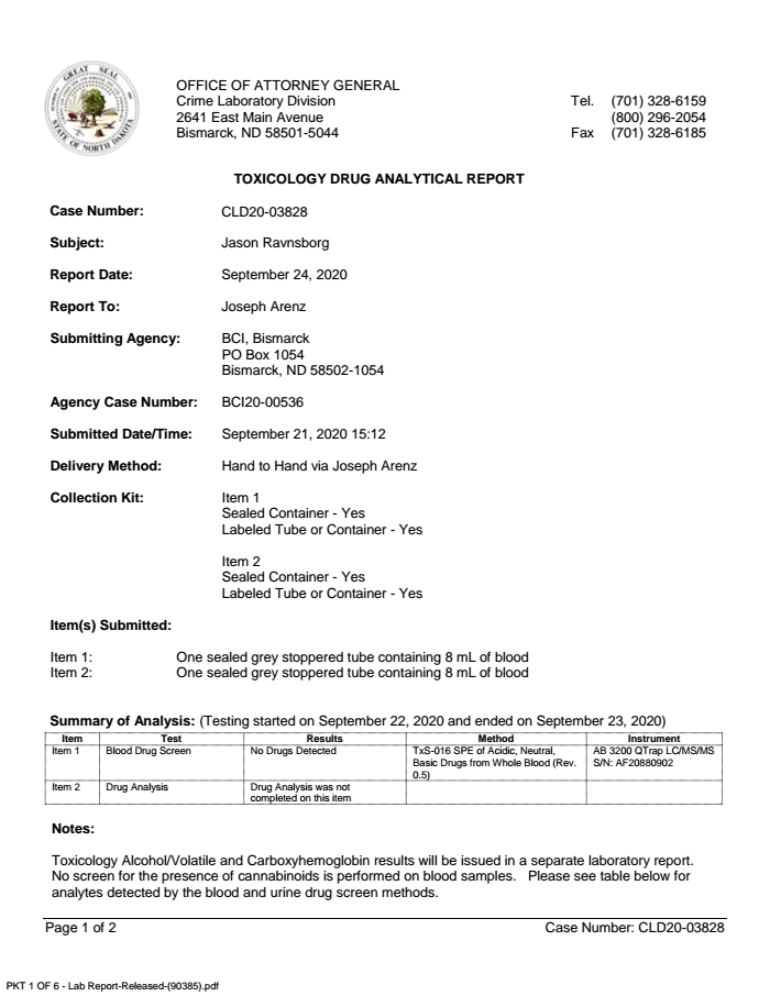 Page 1 of Ravnsborg Toxicology Report 2
